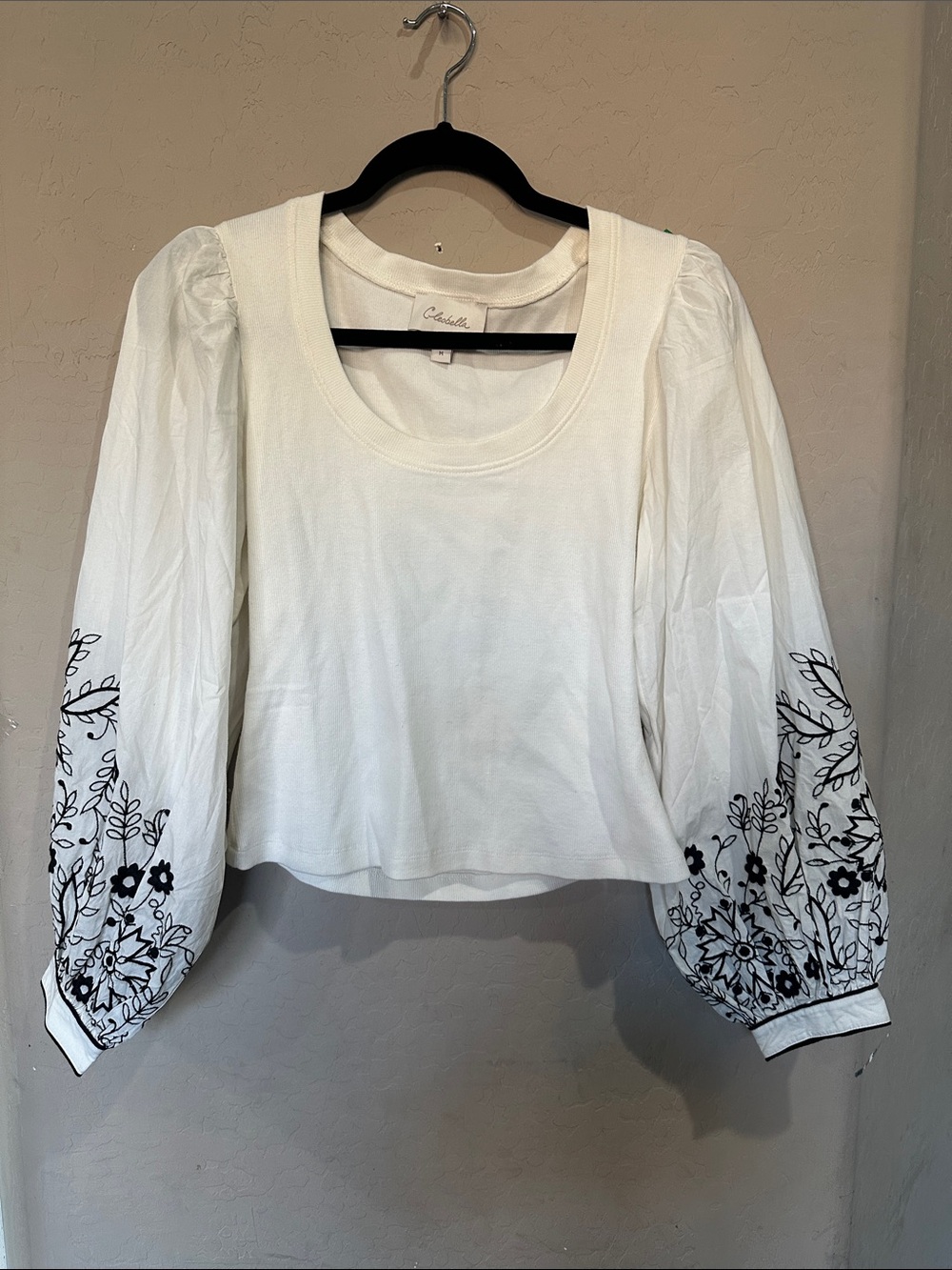 Cleobella White Puff-Sleeve Top with Black Floral Embroidery